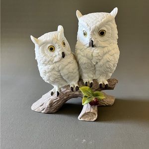 Vintage porcelain white snow owl pair sitting on a branch By Andrea By Sadek
